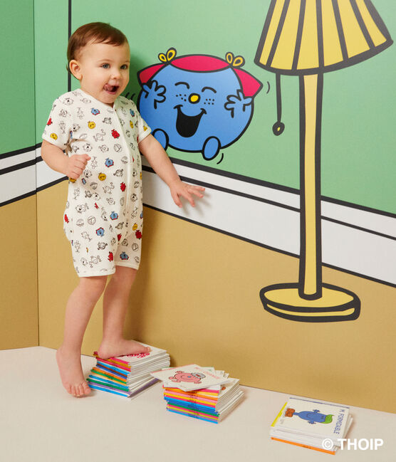 Tutina corta con stampa Monsieur Madame in cotone neonato bianco MARSHMALLOW/bianco MULTICO