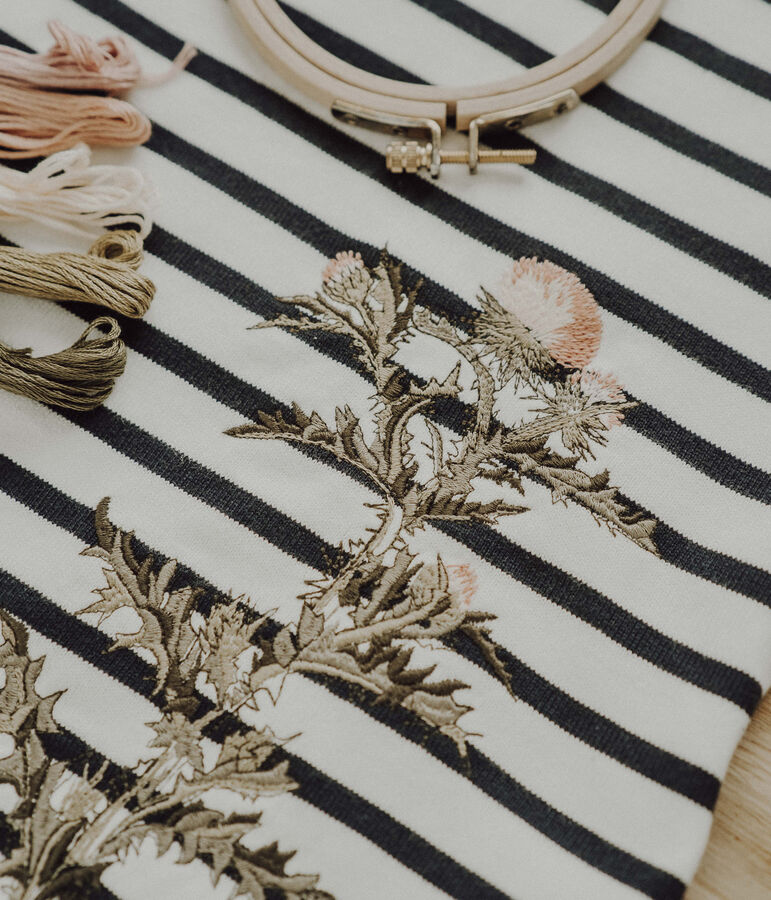 T-shirt marini&egrave;re donna Petit Bateau x Deyrolle bianco MARSHMALLOW/blu SMOKING