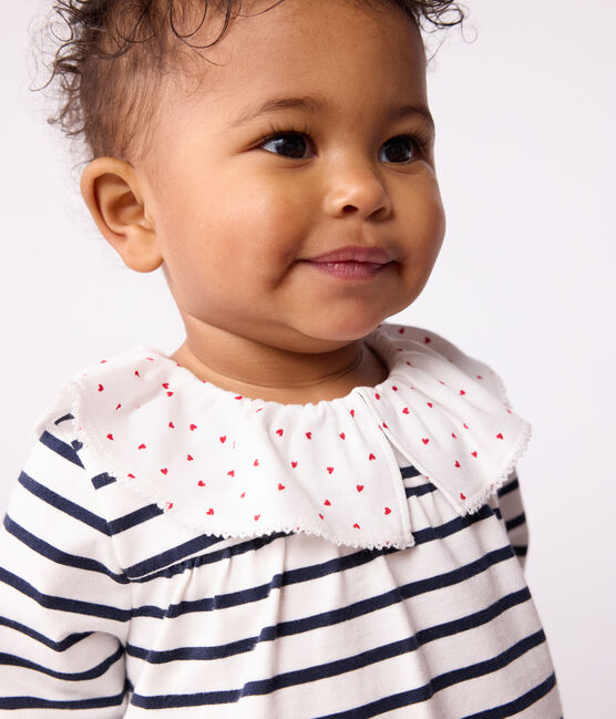 Blusa a maniche lunghe in cotone con motivo marinière e colletto con cuoricini neonata bianco MARSHMALLOW/blu SMOKING