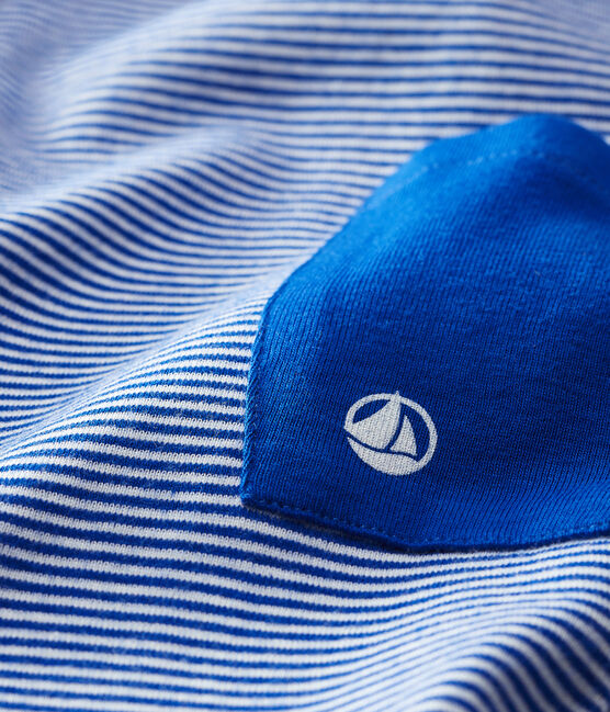 Tutina corta in costina a righe bebè maschio blu SURF/bianco MARSHMALLOW