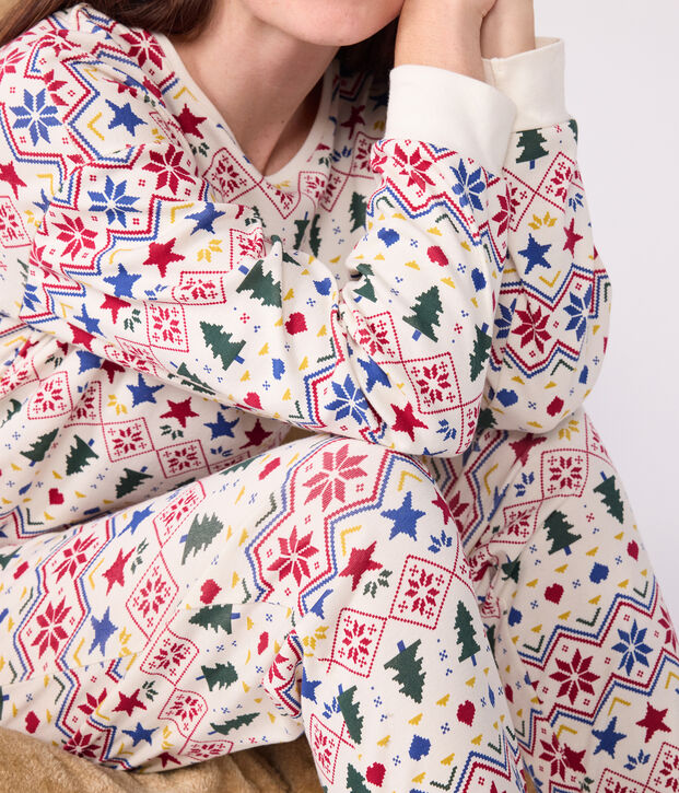 Pigiama donna in cotone con stampa natalizia ecru/multicolore