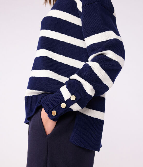 Maglione a collo alto in misto lana e cotone a righe donna blu SOIR/ MARSHMALLOW