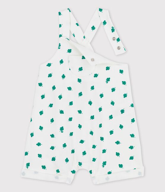Salopette corta bebè in tessuto felpato biologico con fantasia vegetale. bianco MARSHMALLOW/verde GAZON