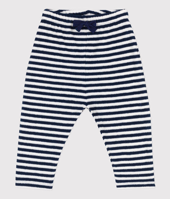 Pantaloni bebè in spugna bouclette a righe blu MEDIEVAL/bianco MARSHMALLOW