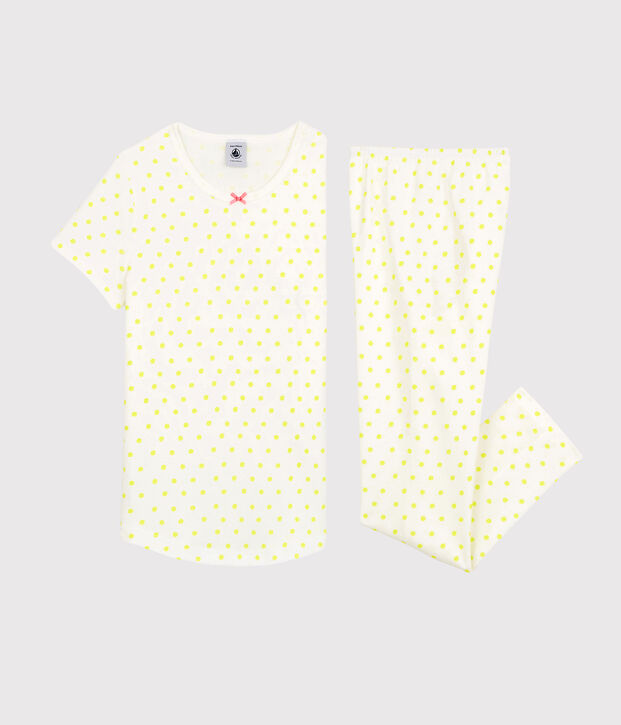 Pigiama a pois gialli bambina in cotone bianco/giallo