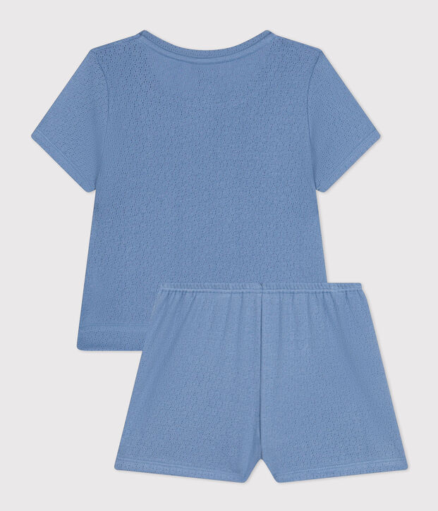 Pigiama corto bambina in cotone traforato tinta unita blu