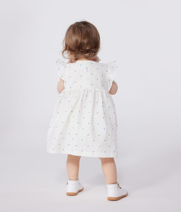 Abito bianco neonato in cotone e bloomer coordinato con stampa a pois bianco/multicolore