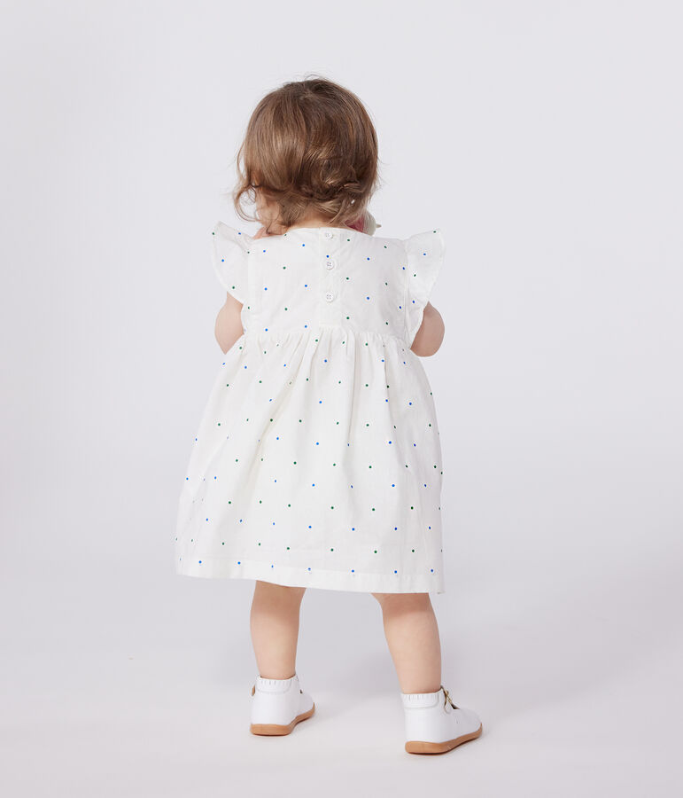 Abito bianco neonato in cotone e bloomer coordinato con stampa a pois bianco/multicolore