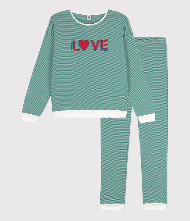 Pigiama donna in cotone millerighe verde/bianco
