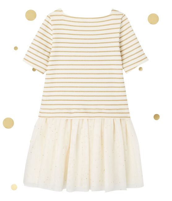 Abito bambina bi-matiere a righe brillantinate beige COQUILLE/giallo LUREX DORE