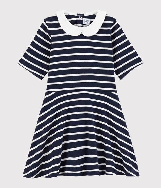 Abito manica corta in cotone bambina blu SMOKING/bianco MARSHMALLOW