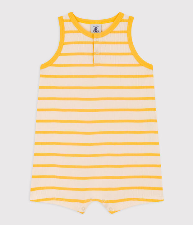 Tuta corta beb&egrave; in maglia a costine a righe ecru/giallo