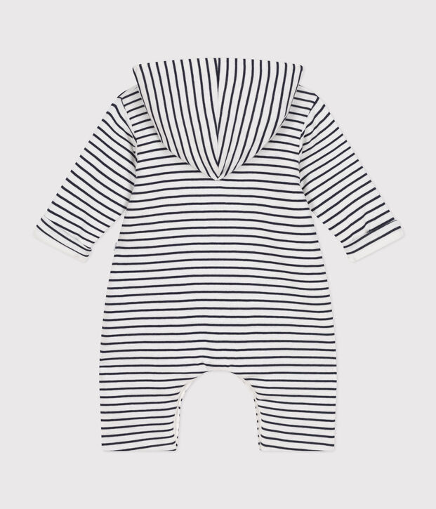 Tutina lunga beb&egrave; in ovattina con cappuccio in cotone bianco/blu