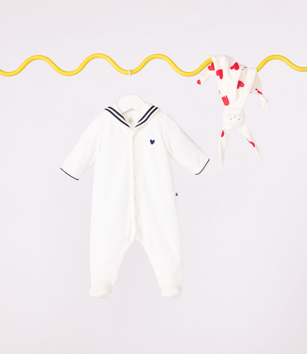 Tutina per neonato in velluto/ciniglia unita con collo a V bianco