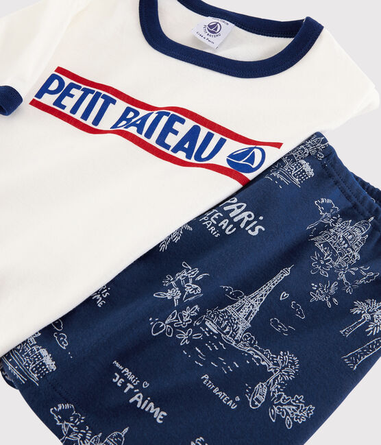 Pigiama corto tela di Jouy Parigi bambino in cotone blu MEDIEVAL/bianco MULTICO