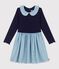 Abito a maniche lunghe bimateriale in cotone bambina blu SOIR