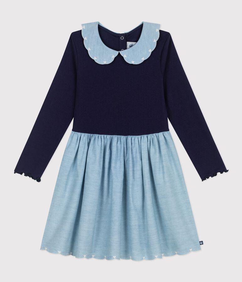 Abito a maniche lunghe bimateriale in cotone bambina blu SOIR