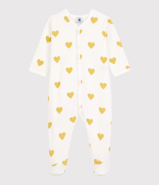 Tutina pigiama bebè a cuori gialli in cotone biologico bianco MARSHMALLOW/giallo OCRE