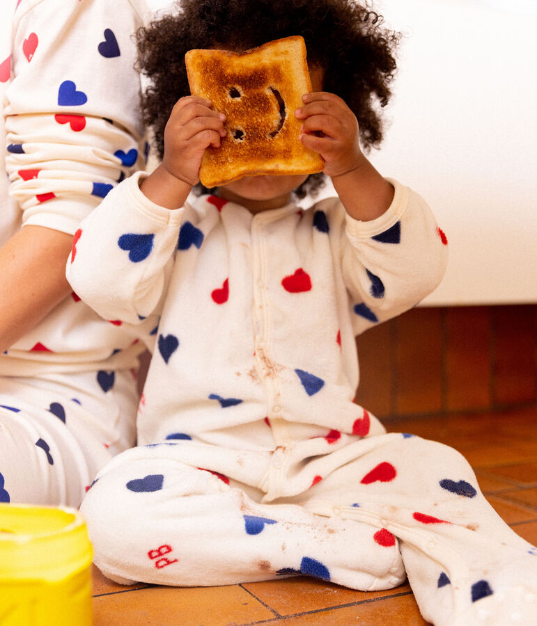 Tutina imbottita senza piedi beb&egrave; in pile ecru/multicolore