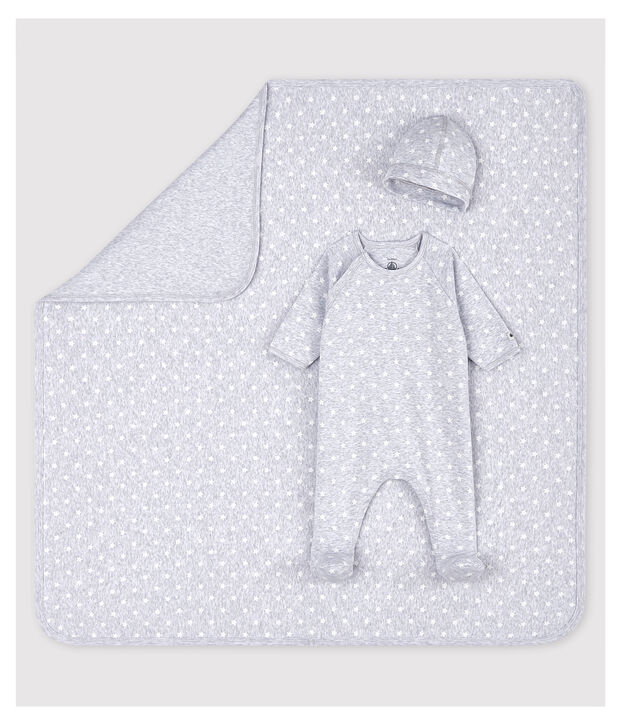 Cofanetto regalo nascita grigio screziato beb&egrave; in cotone biologico multicolore