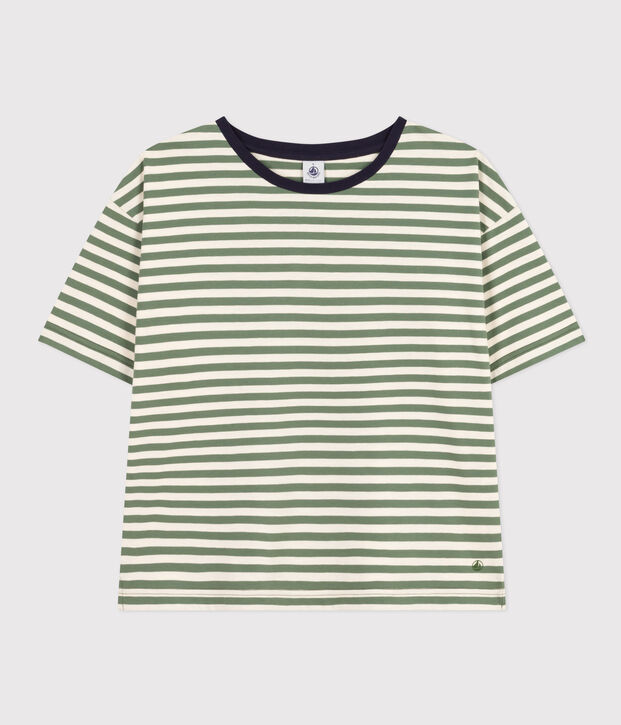 T-shirt LE BOXY in cotone rigato donna verde/ecru
