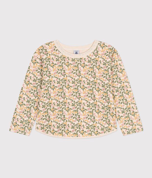 T-shirt bambina a maniche lunghe in tubique stampato ecru/multicolore