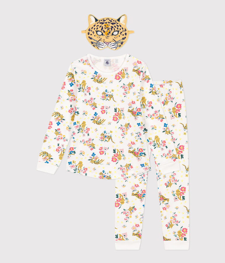 Pigiama bambino travestimento fosforescente in cotone stampato con maschera da pantera bianco MARSHMALLOW/bianco MULTICO