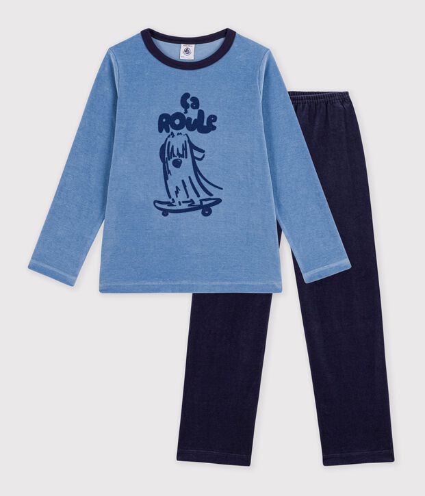 Pigiama in ciniglia tinta unita con motivo bambino blu/blu