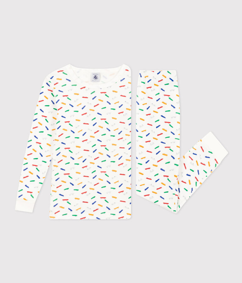 Pigiama aderente bambino in cotone con stampa skateboard bianco/multicolore
