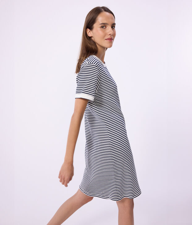 Abito corto in cotone donna blu/bianco