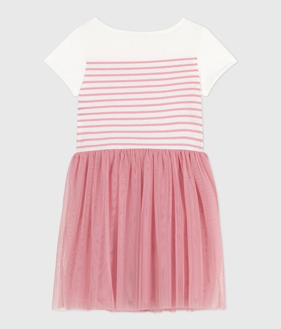 Abito a maniche corte in cotone e tulle bambina bianco MARSHMALLOW/rosa CHARME