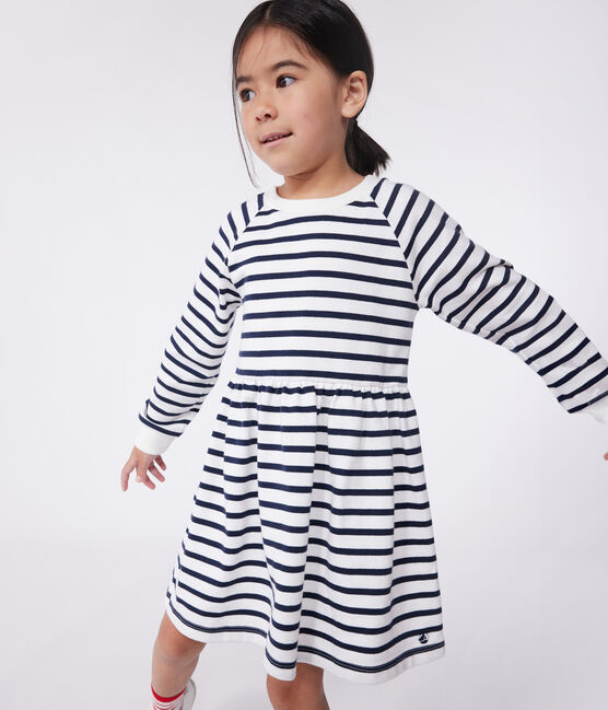 Abito a maniche lunghe in cotone a righe bambina bianco MARSHMALLOW/blu SMOKING