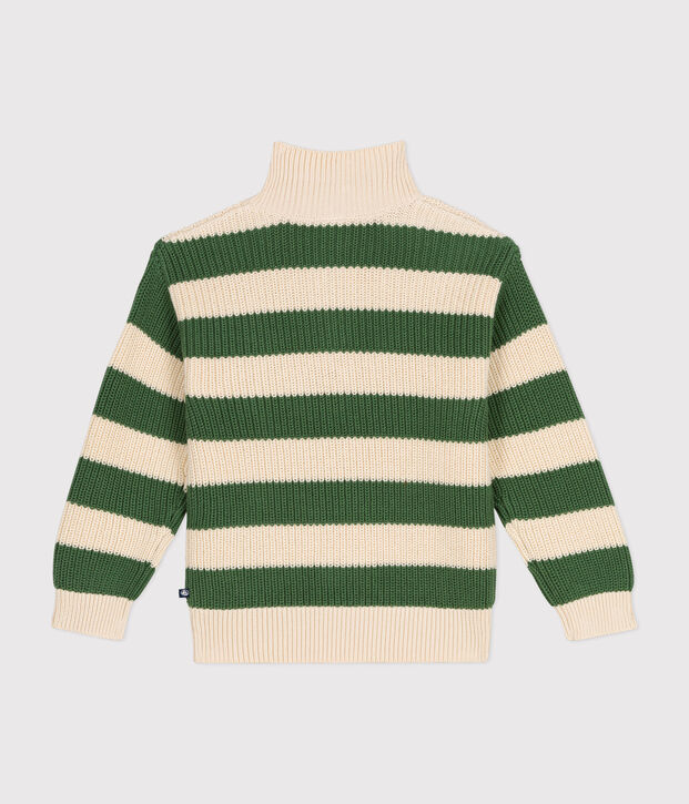 Maglione dolcevita con mezza cerniera in cotone bambino verde/ecru