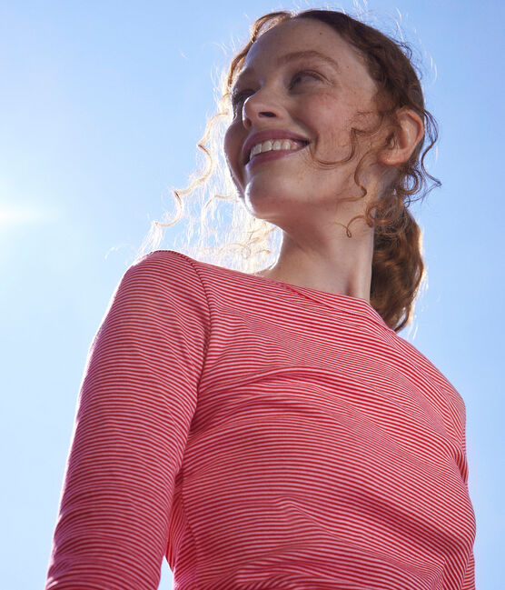 T-shirt L'ICONIQUE girocollo in cotone da donna rosso CORRIDA/bianco MARSHMALLOW
