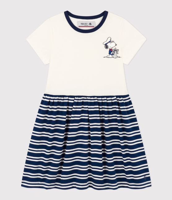 Abito manica corta in cotone bambina blu MEDIEVAL/bianco MARSHMALLOW