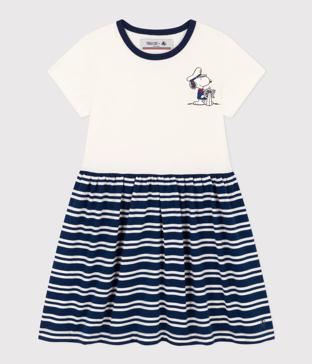 Abito manica corta in cotone bambina blu/bianco
