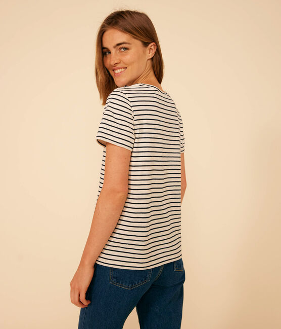 T-shirt REGULAR girocollo in cotone rigato donna bianco AVALANCHE/blu SMOKING