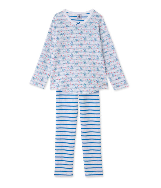 Pigiama per bambina in tubique reversibile bianco ECUME/blu BLEU/ MULTICO