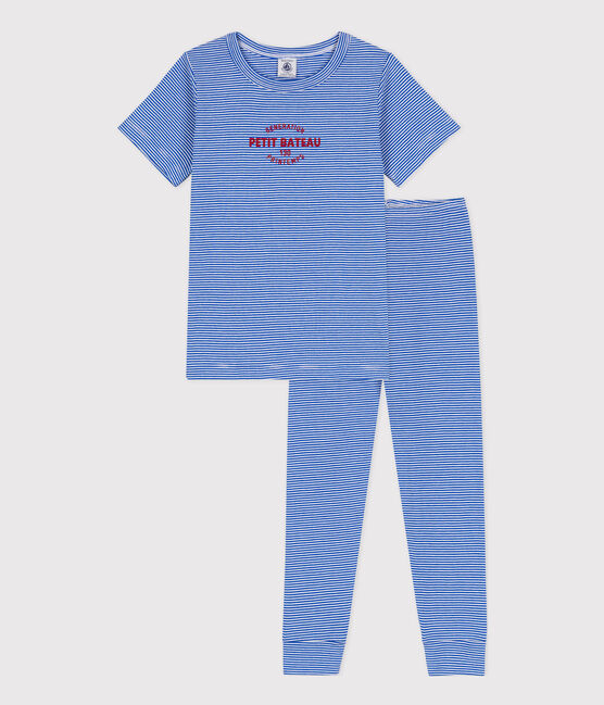 Pigiama a maniche corte rigato in cotone unisex blu PERSE/bianco MARSHMALLOW