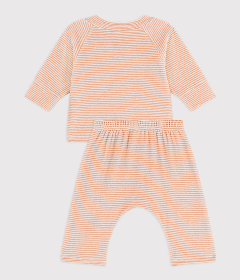 Completo 2 pezzi beb&egrave; in velluto di cotone beige/bianco