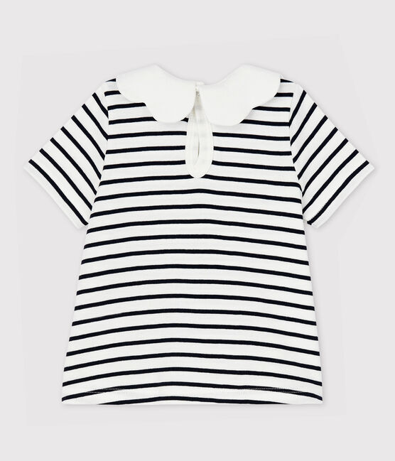 Blusa manica corta in cotone bebè femmina bianco MARSHMALLOW/blu SMOKING