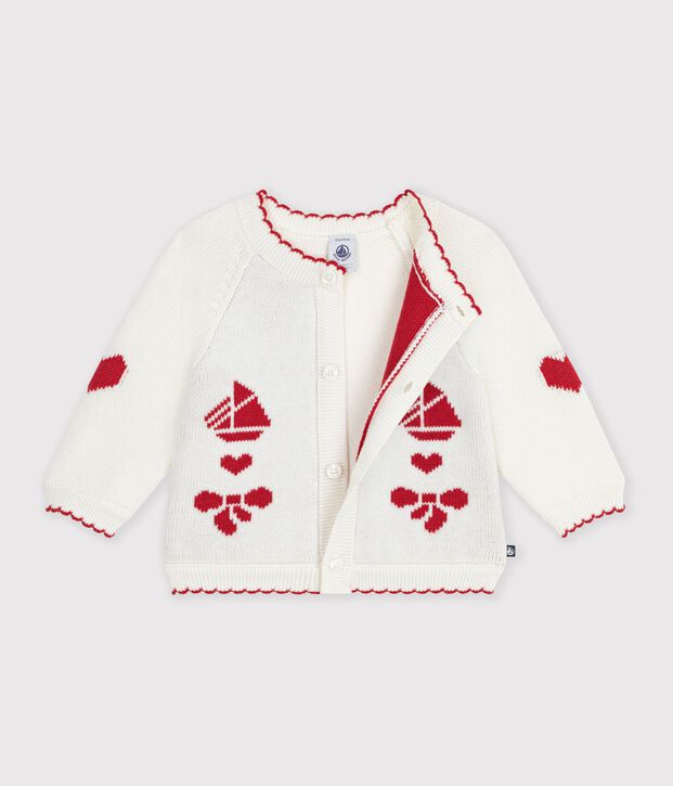 Cardigan in maglia di lana e cotone con motivi jacquard neonato bianco/rosso