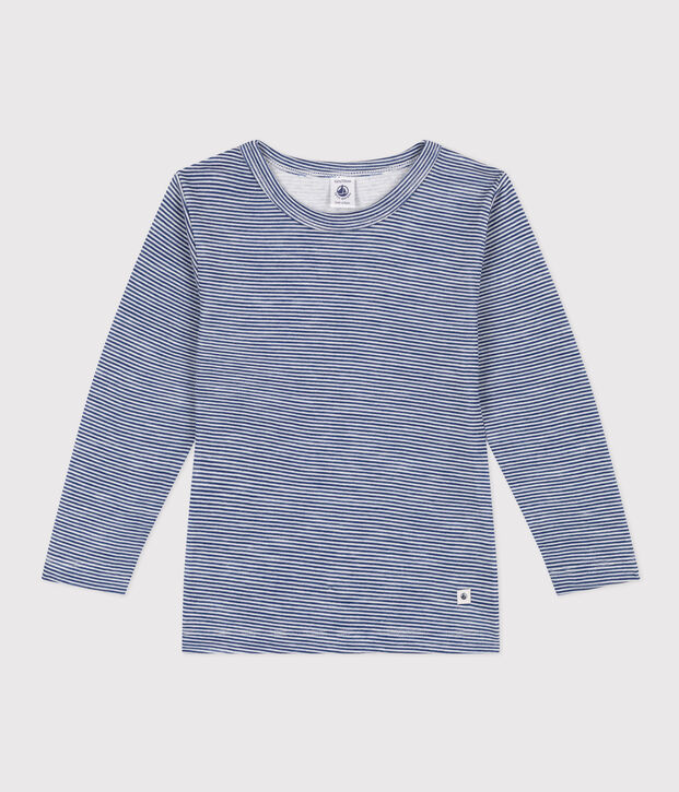 T-shirt a maniche lunghe rigata in lana e cotone da bambino blu/bianco
