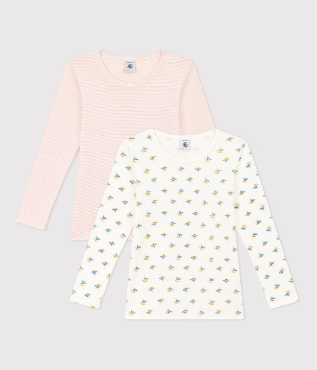 Confezione da 2 t-shirt manica lunga bambina in cotone motivo fiore multicolore