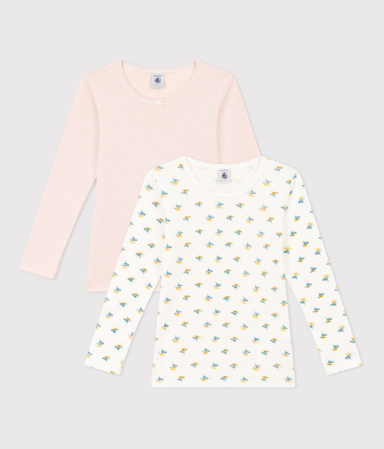 Confezione da 2 t-shirt manica lunga bambina in cotone motivo fiore multicolore