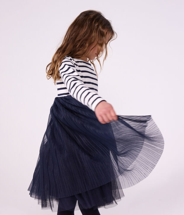 Abito a maniche lunghe in cotone e tulle a righe bambina bianco/blu
