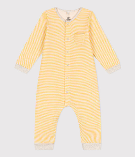 Tutina lunga a righe bebè in lana e cotone biologico giallo OCRE/bianco MARSHMALLOW