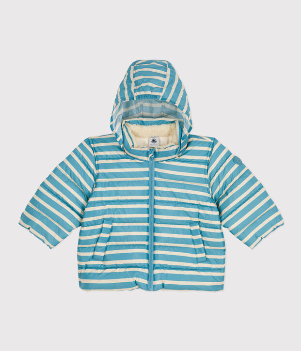 Piumino a righe con cappuccio ripiegabile per beb&egrave; blu/ecru