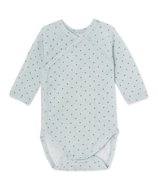 Body puericultura bebè bambina maniche lunghe lana e cotone blu FRAICHEUR/grigio TEMPETE