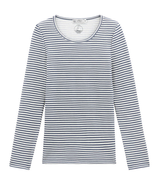 tee-shirt donna maniche lunghe in lana e cotone blu TURQUIN/bianco MARSHMALLOW